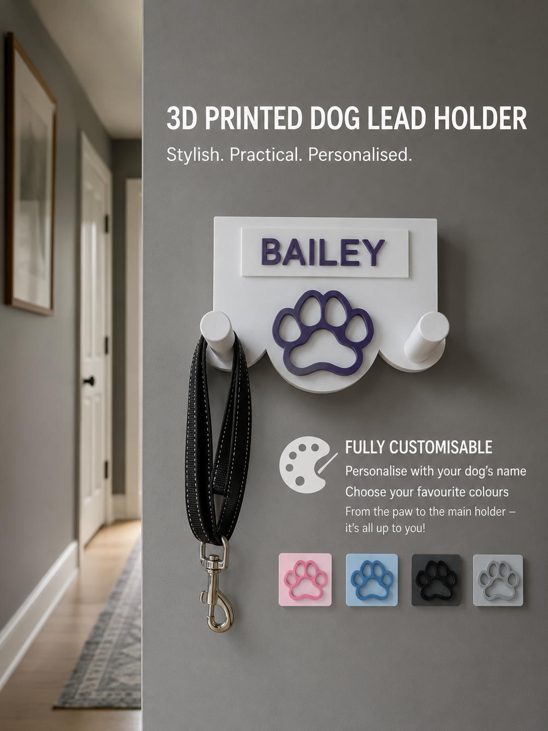 Personalised 3D Printed Dog Lead Holder – Custom Name & Colour Wall Hook