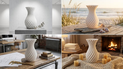White Spiral 3D Printed Vase, Modern Minimalist Sculptural Decor
